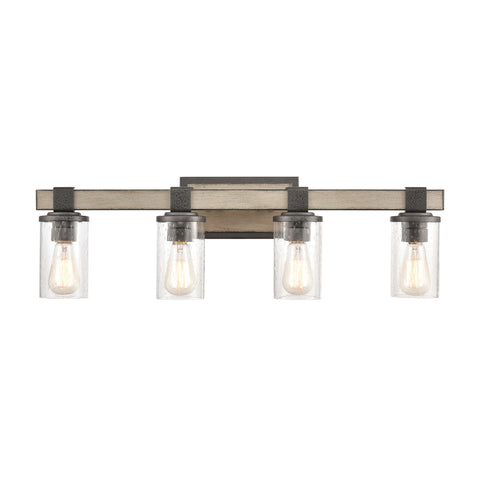 Crenshaw 4-Light Vanity Light in Anvil Iron and Distressed Antique Graywood with Seedy Glass