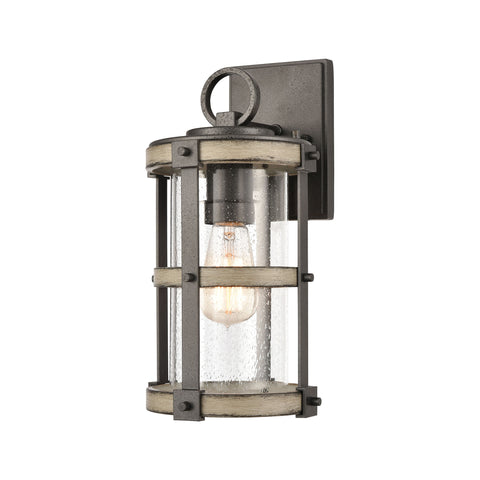 Crenshaw 1-Light Outdoor Sconce in Anvil Iron and Distressed Antique Graywood with Seedy Glass