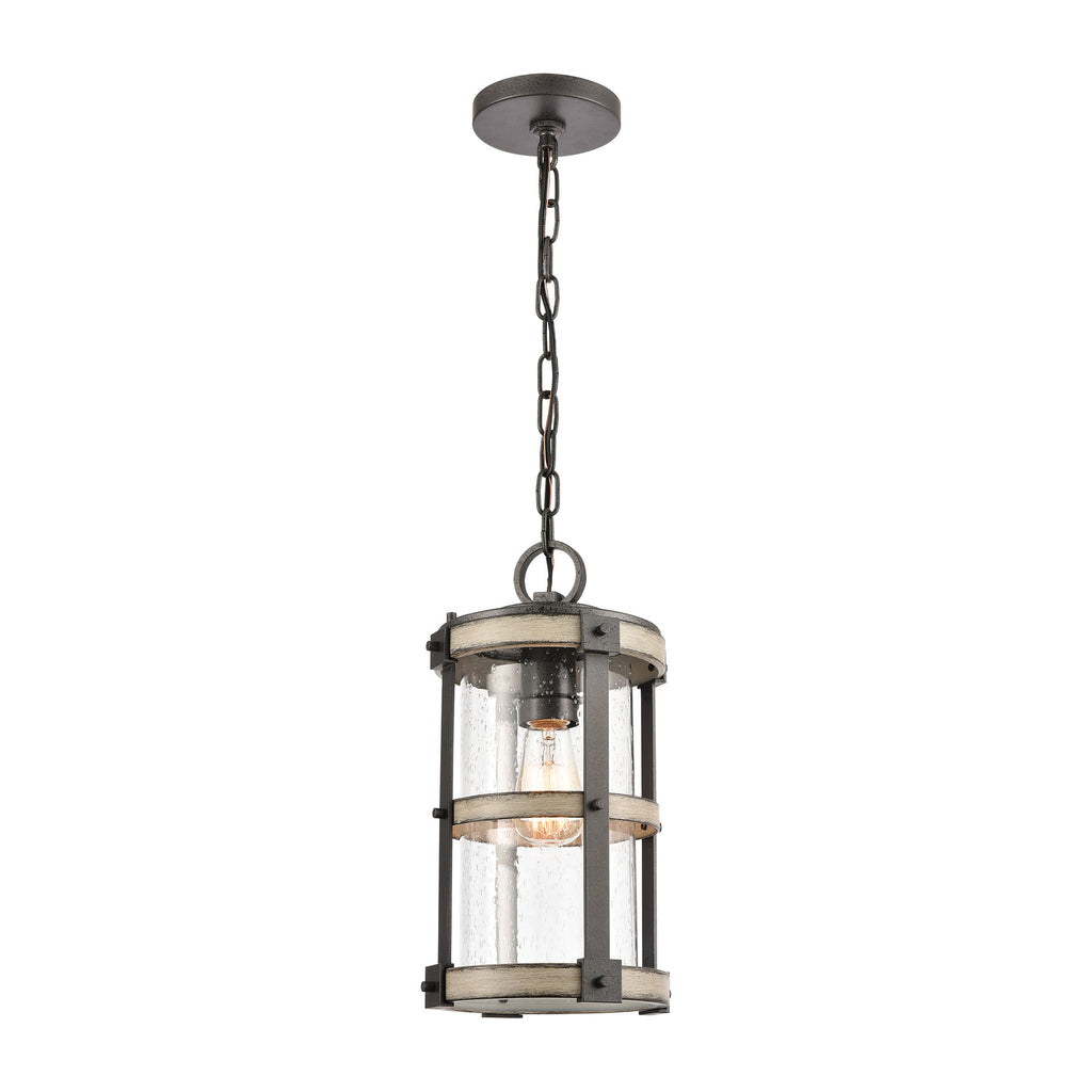 Crenshaw 1-Light Outdoor Pendant in Anvil Iron and Distressed Antique Graywood with Seedy Glass