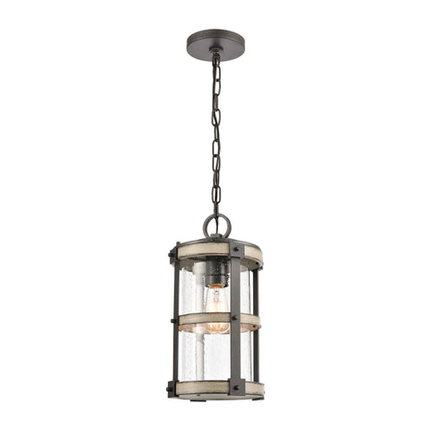 Crenshaw 1-Light Outdoor Pendant in Anvil Iron and Distressed Antique Graywood with Seedy Glass