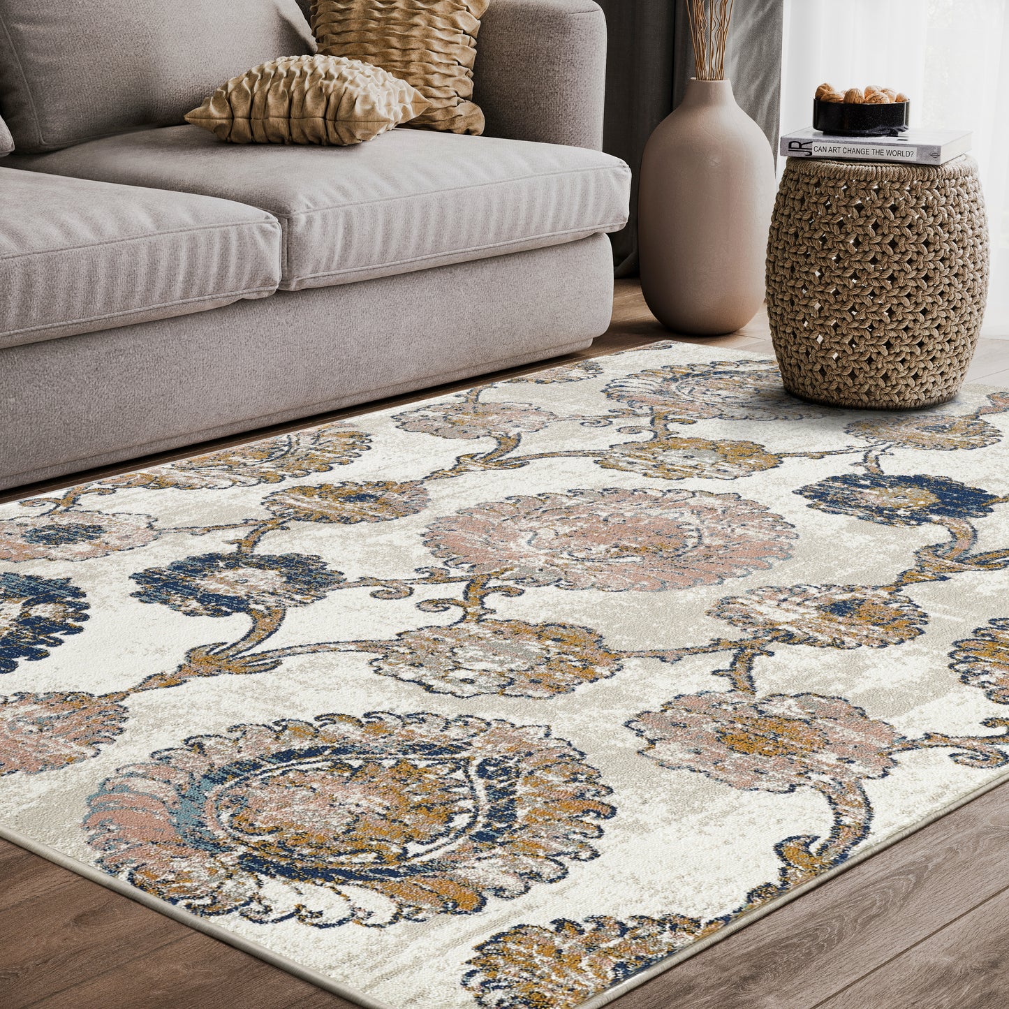 Mutli Medallion Distressed Ivory and Orange
