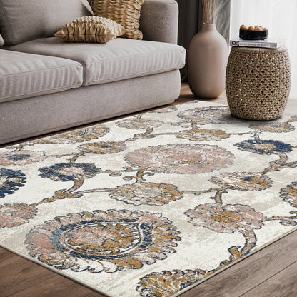 Mutli Medallion Distressed Ivory and Orange