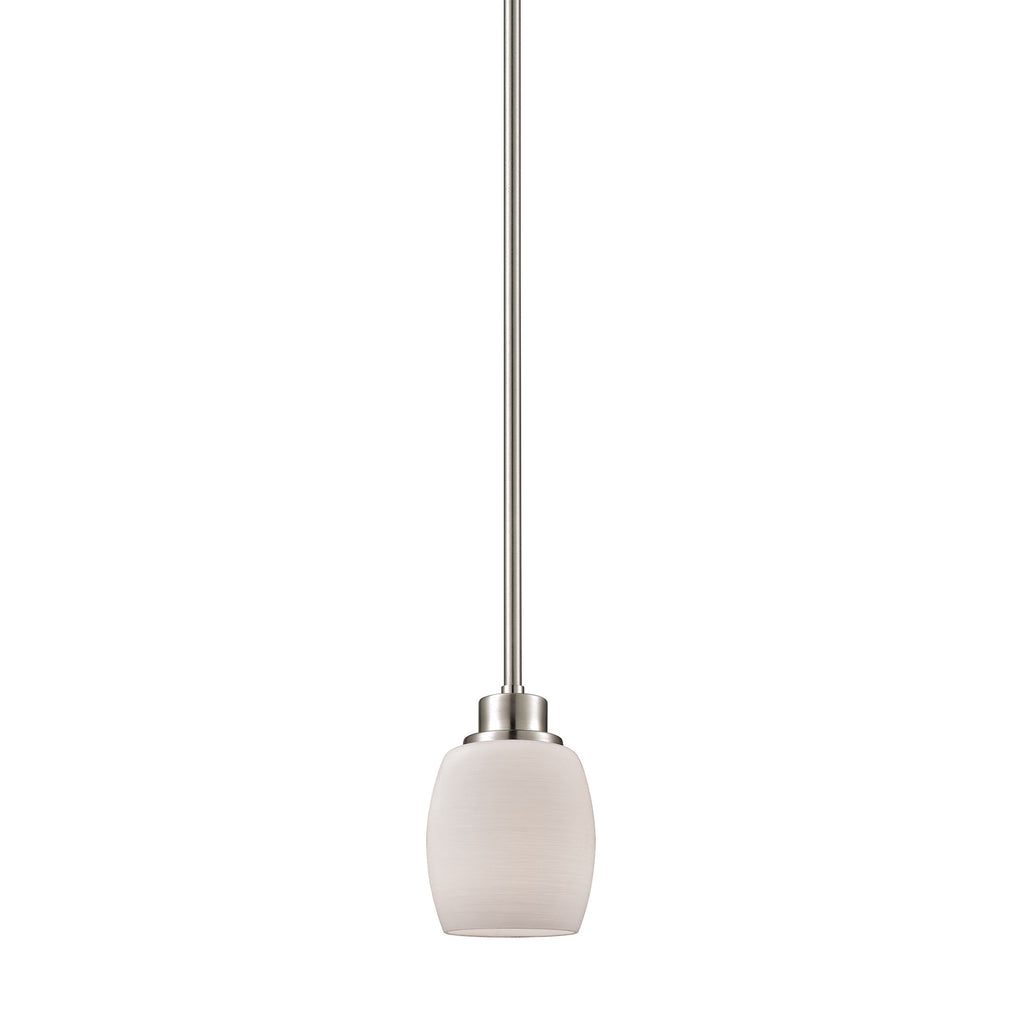 Casual Mission 1 Light Pendant In Brushed Nickel With White Lined Glass