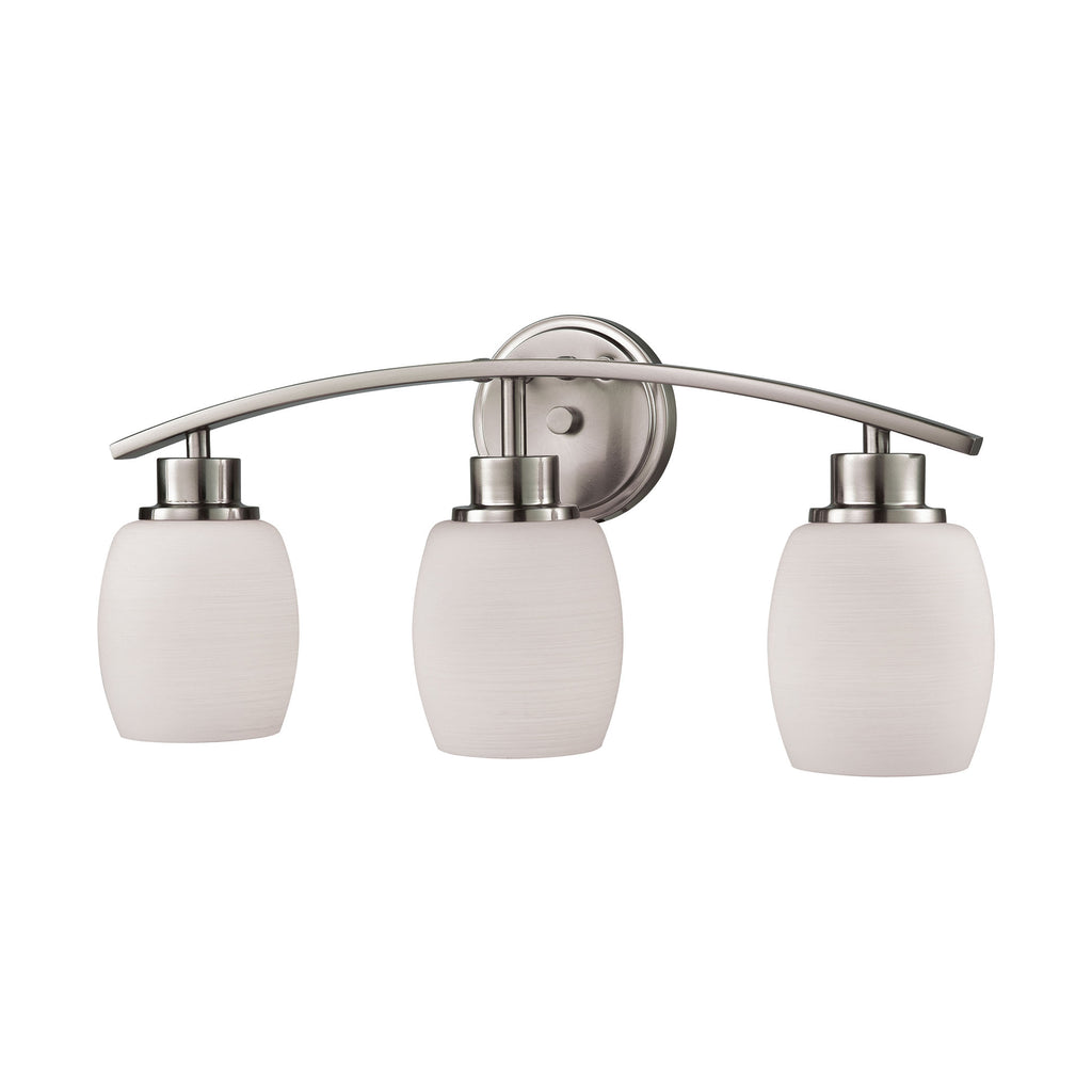 Casual Mission 3 Light Bath In Brushed Nickel With White Lined Glass