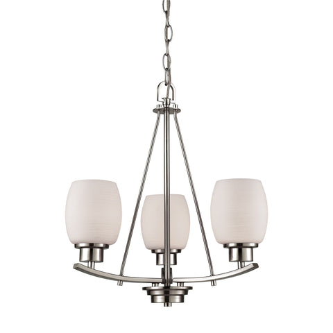 Casual Mission 3 Light Chandelier In Brushed Nickel With White Lined Glass