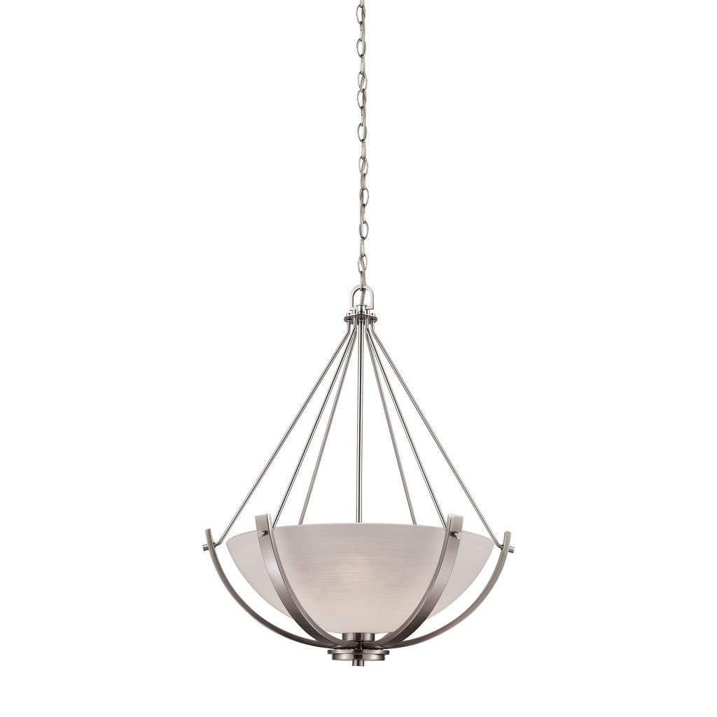 Casual Mission 3 Light Chandelier In Brushed Nickel With White Lined Glass