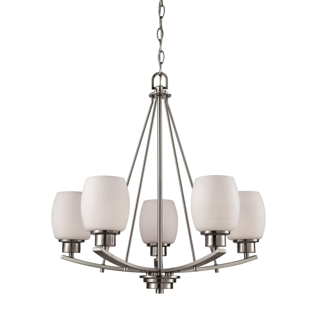 Casual Mission 5 Light Chandelier In Brushed Nickel With White Lined Glass