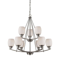 Casual Mission 9 Light Chandelier In Brushed Nickel With White Lined Glass