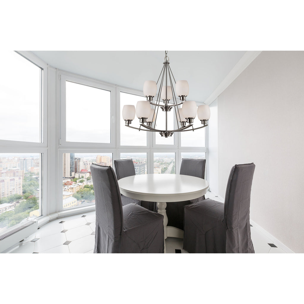 Casual Mission 9-Light Chandelier in in Brushed Nickel with White Lined Glass