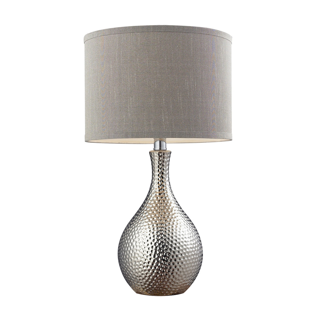 Hammered Chrome Plated Table Lamp With Grey Faux Silk Shade