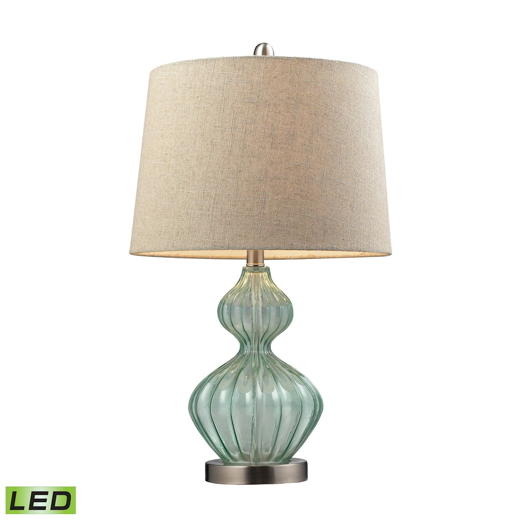 Smoked Glass LED Table Lamp In Pale Green With Metallic Linen Shade