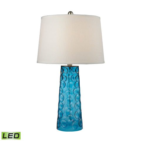 Hammered Glass LED Table Lamp in Blue With Pure White Linen Shade