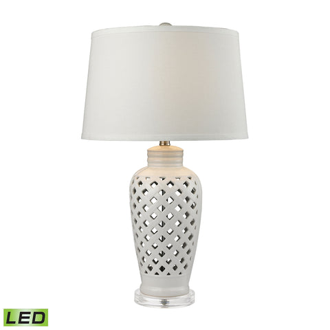 Openwork Ceramic LED Table Lamp in White With White Shade