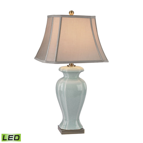 Celadon LED Table Lamp in Glazed Green Ceramic With Antique Brass Accents