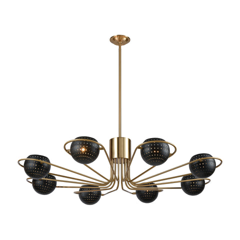 Scarab 8-Light Chandelier in New Aged Brass with Semi-Gloss Black Shades