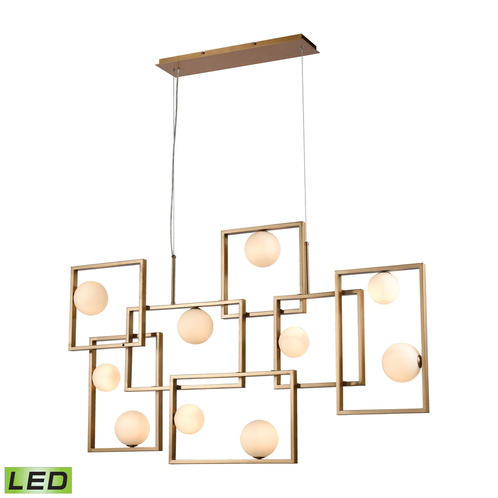 Amazed 7-Light Island Light in Aged Brass with Mouth-blown White Glass Orbs