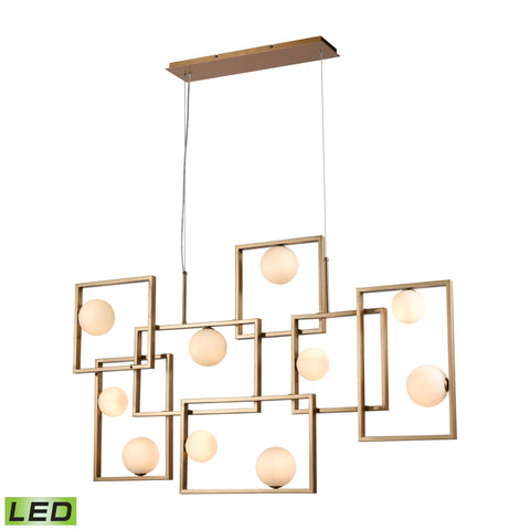 Amazed 7-Light Island Light in Aged Brass with Mouth-blown White Glass Orbs