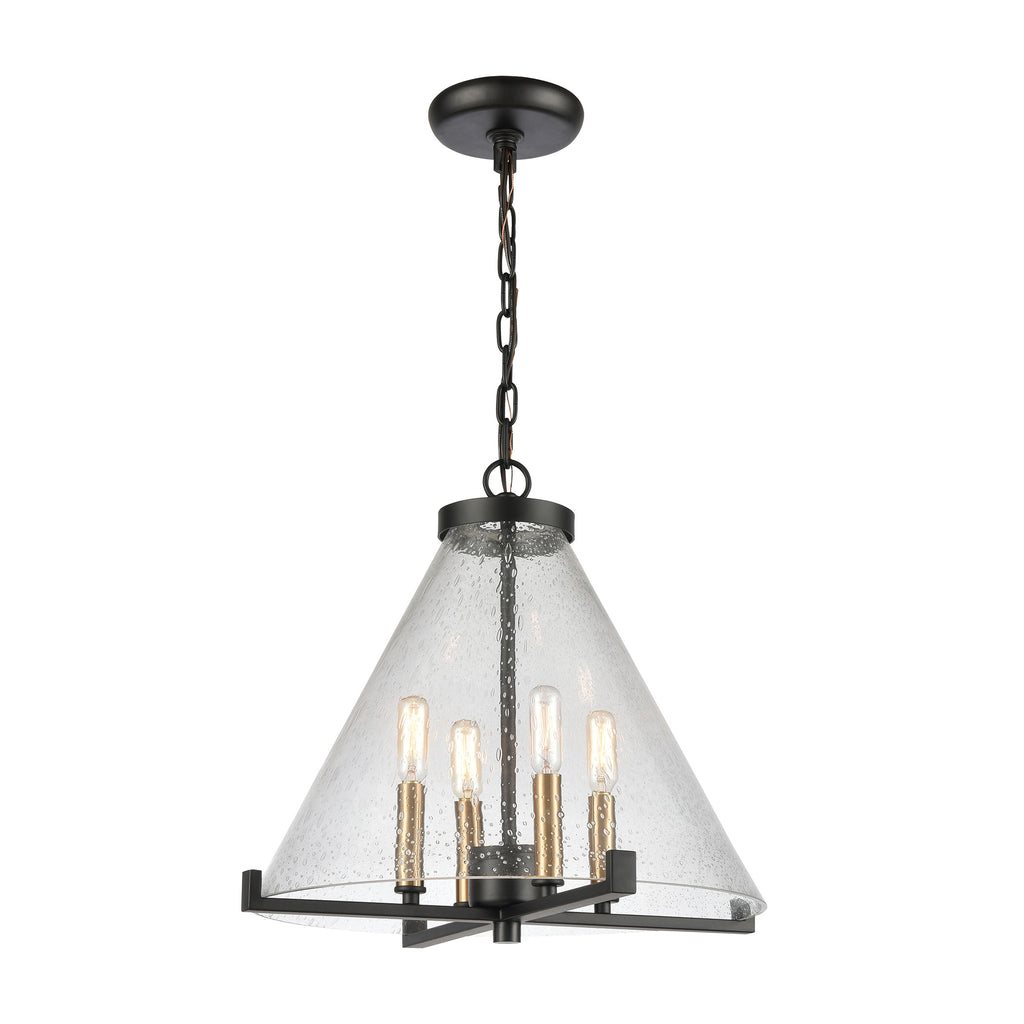 The Holding 4-Light Pendant in Matte Black and Satin Brass with Clear Seeded Glass