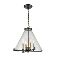 The Holding 4-Light Pendant in Matte Black and Satin Brass with Clear Seeded Glass