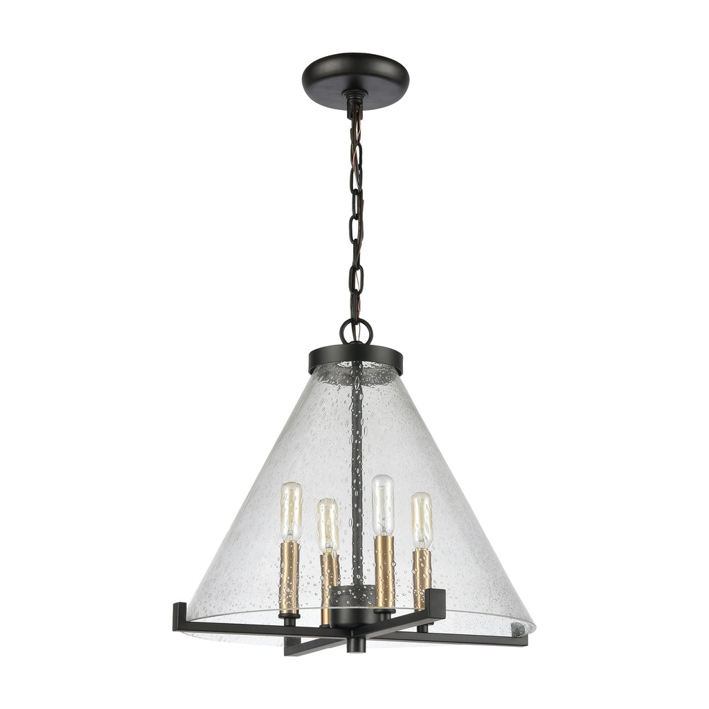 The Holding 4-Light Pendant in Matte Black and Satin Brass with Clear Seeded Glass