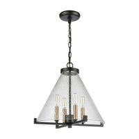 The Holding 4-Light Pendant in Matte Black and Satin Brass with Clear Seeded Glass