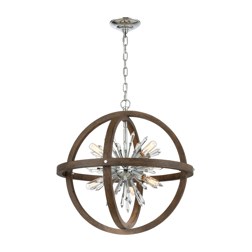 Morning Star 10-Light Chandelier in Aged Wood and Polished Chrome with Clear Crystal