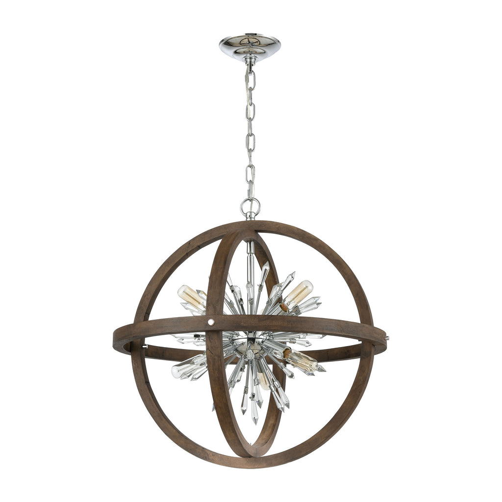 Morning Star 10-Light Chandelier in Aged Wood and Polished Chrome with Clear Crystal