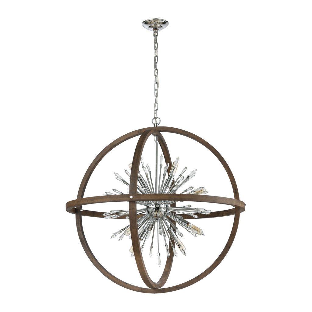 Morning Star 6-Light Chandelier in Aged Wood and Polished Chrome with Clear Crystal