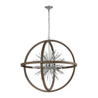 Morning Star 6-Light Chandelier in Aged Wood and Polished Chrome with Clear Crystal