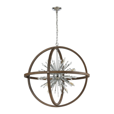 Morning Star 6-Light Chandelier in Aged Wood and Polished Chrome with Clear Crystal