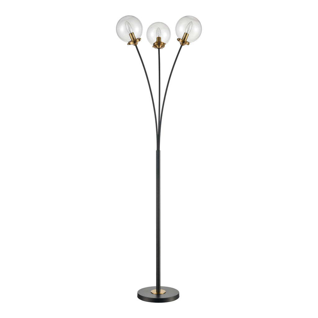 Boudreaux 3-Light Floor Lamp in Burnished Brass and Matte Black with Mouth-blown Clear Glass Orbs