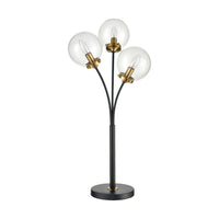 Boudreaux 3-Light Table Lamp in Burnished Brass and Matte Black with Mouth-blown Clear Glass Orbs