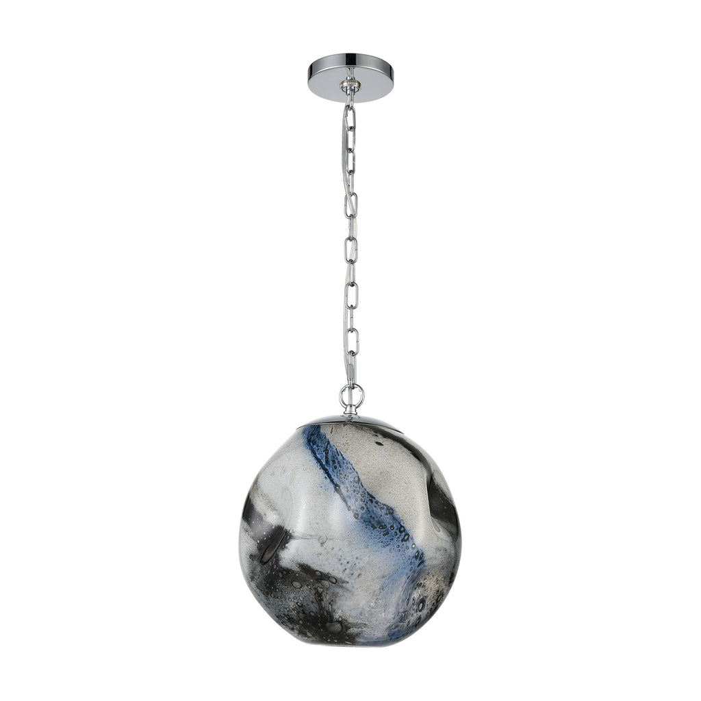 Blue Planetary 1-Light Pendant in Blue Planet and Chrome with a Hand-formed Glass Orb