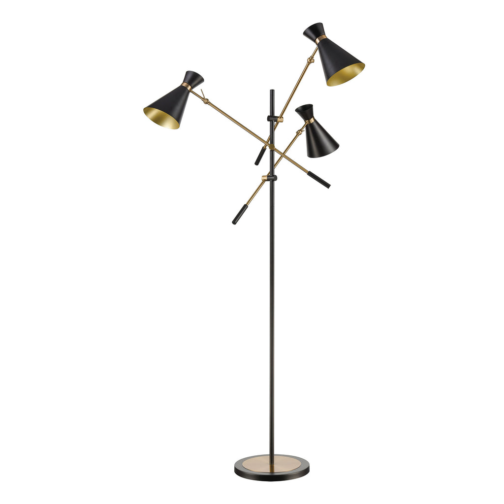 Chiron 3-Light Adjustable Floor Lamp in Black and Aged Brass with Black Metal Shades