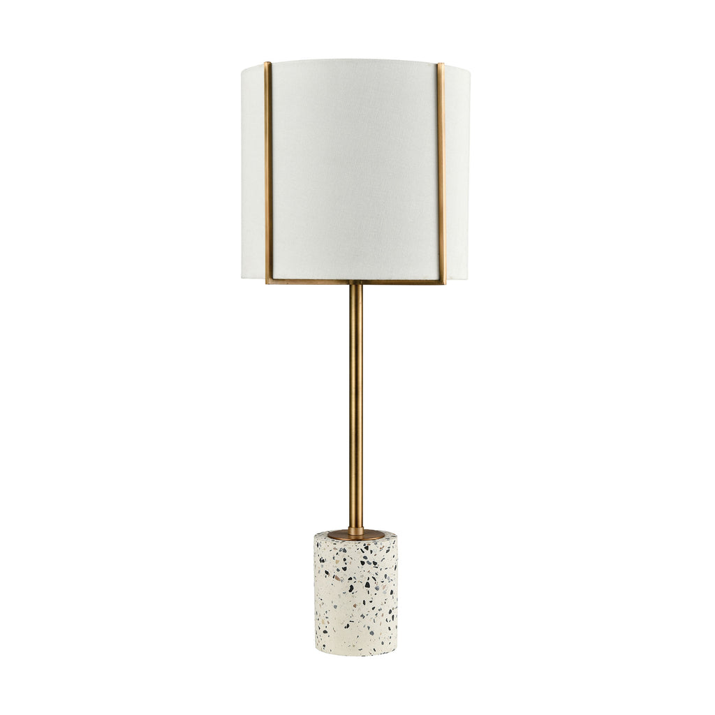 Trussed Table Lamp in White Terazzo and Gold with a Pure White Linen Shade