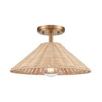 Rydell 14'' Wide 1-Light Semi Flush Mount - Brushed Gold and Rattan