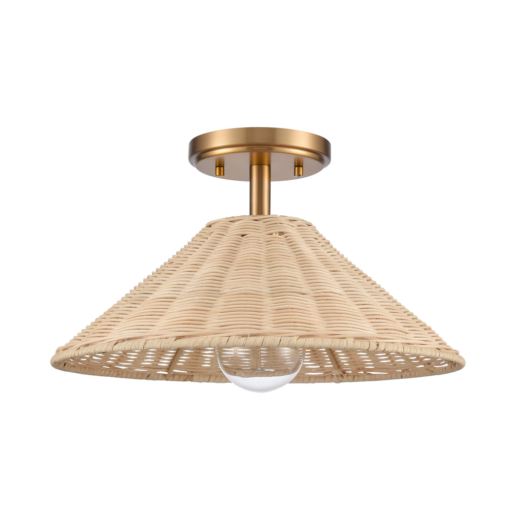Rydell 14'' Wide 1-Light Semi Flush Mount - Brushed Gold and Rattan