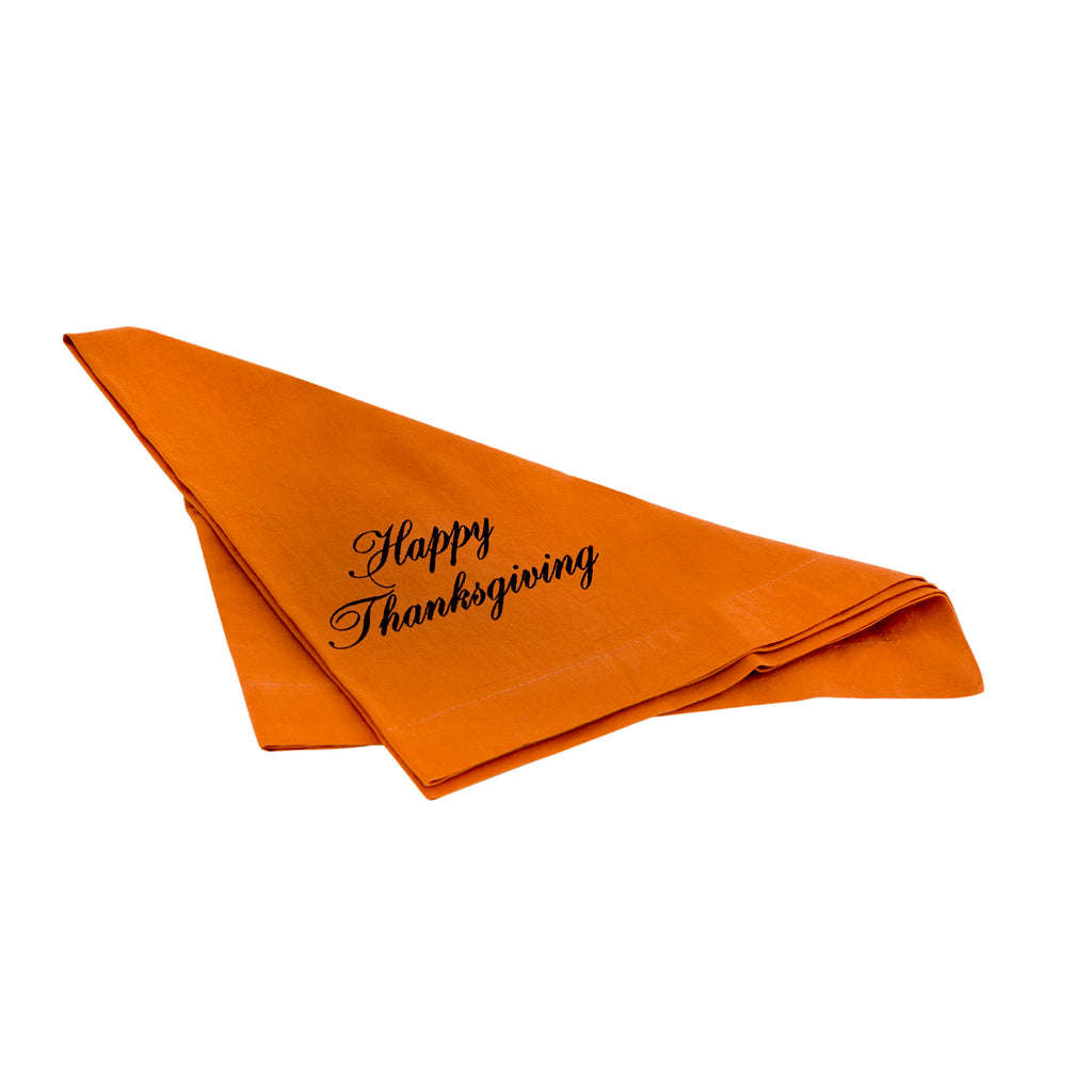 Happy Thanksgiving 20x20 Napkin in Dyed Rust Cotton Sheeting and Chocolate Brown Print