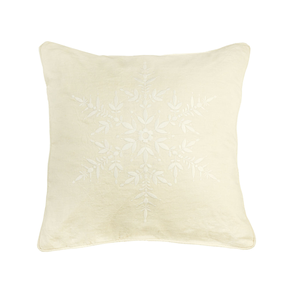 Snowflake 20x20 Pillow in Natural 100% Linen with White Embroidery - COVER ONLY