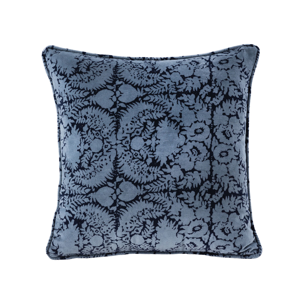 Blue Patterned 20x20 Hand-Printed Reversible Pillow in 100% Cotton Velvet - COVER ONLY