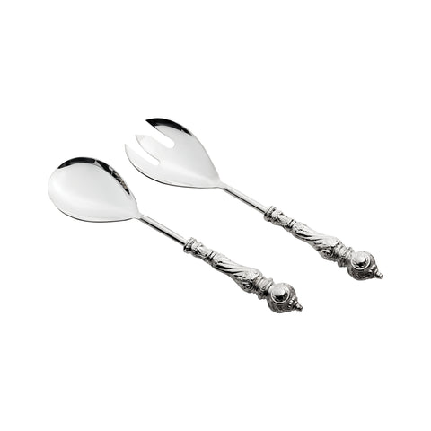 Brass and Stainless Steel Salad Server Set with Embossed Silver Plated