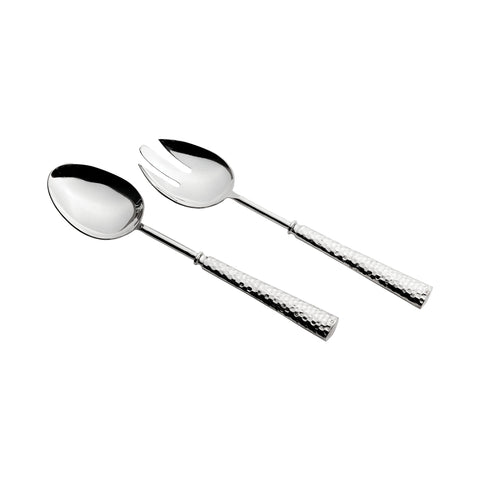 Brass and Stainless Steel Salad Server Set with Hammered Silver Plated